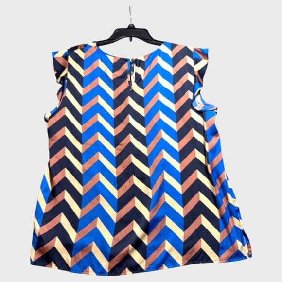 Liz Claiborne XL Chevron Ruffle Cap Sleeve Blouse Blue Black Geoprint Tunic - Picture 4 of 8